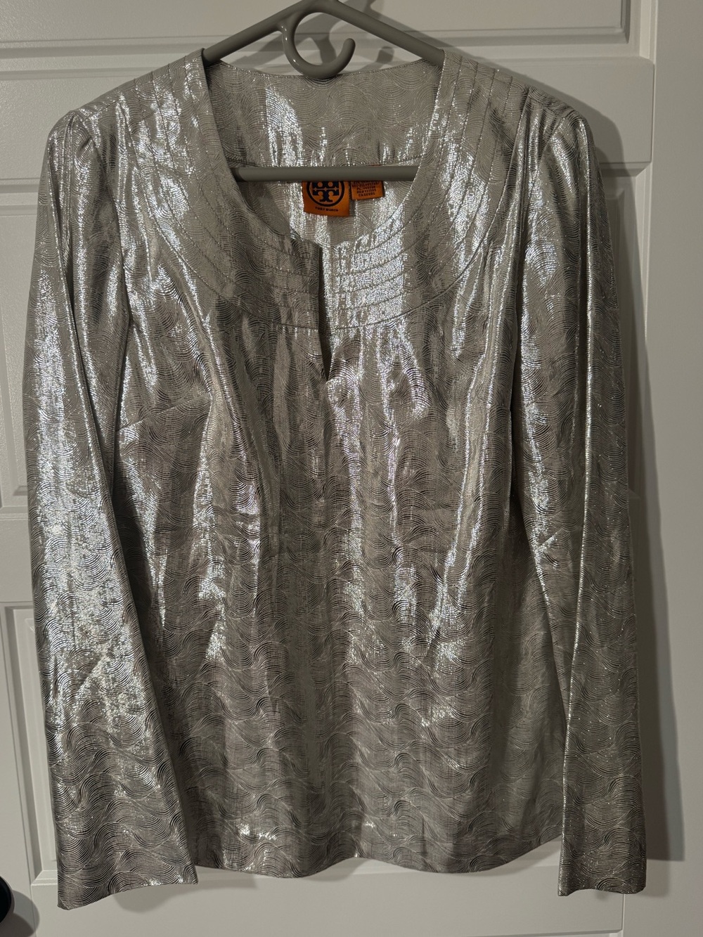 Tory Burch Metallic Silver Swirl Silk Blend Long-Sleeve Blouse, Size 8